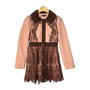 Anthropologie Ryu Wool‎ Blend Pink Brown Lace Trim Dress Jacket Women Size Small